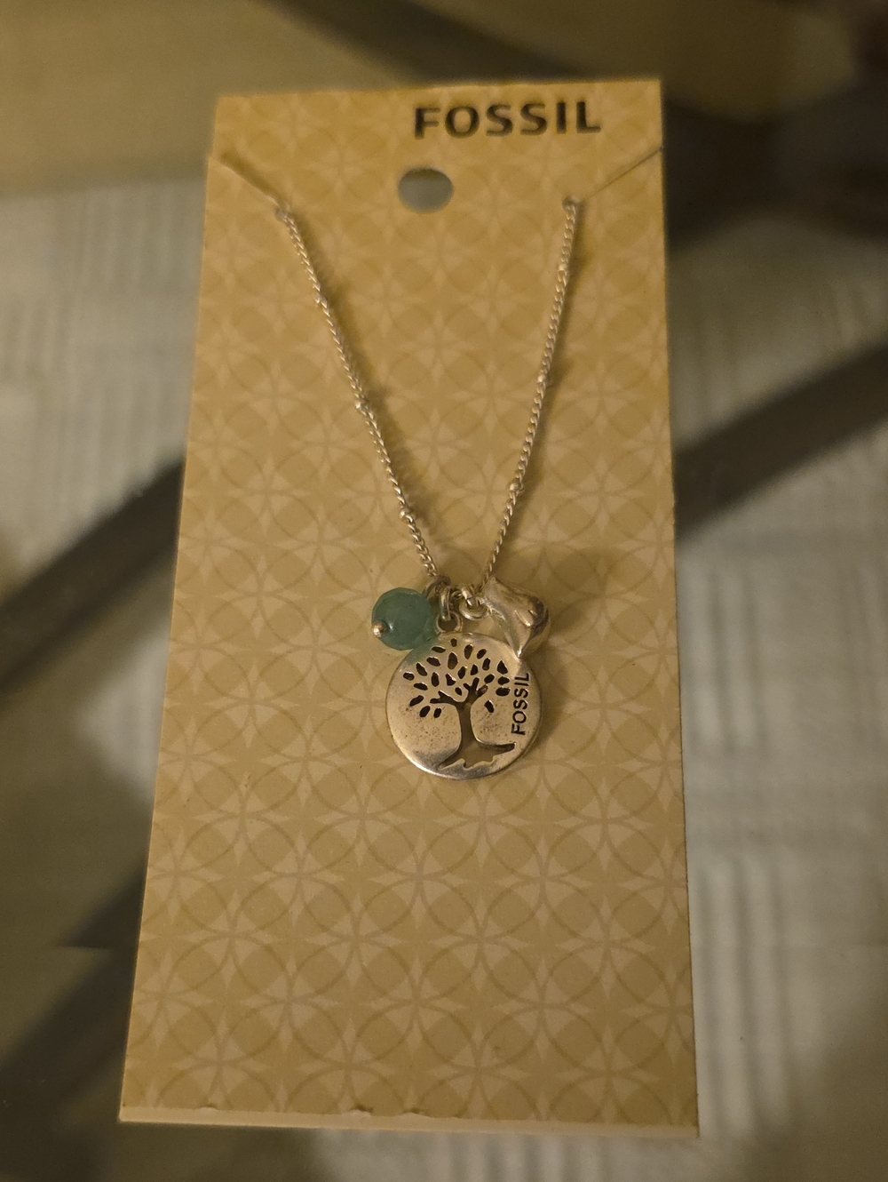Fossil Silver Tree of Life Necklace with Aqua Charm
